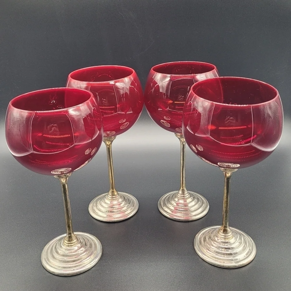 Ruby Red Glass Balloon Wine Glasses Silver Metal Stem Stepped Foot Set of 3 Vtg‍